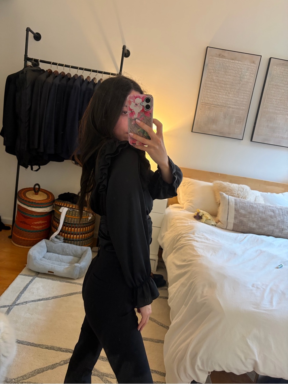 Zara Black Ruffle-Shoulder Ruched V-Neck Blouse - Picture 3 of 3